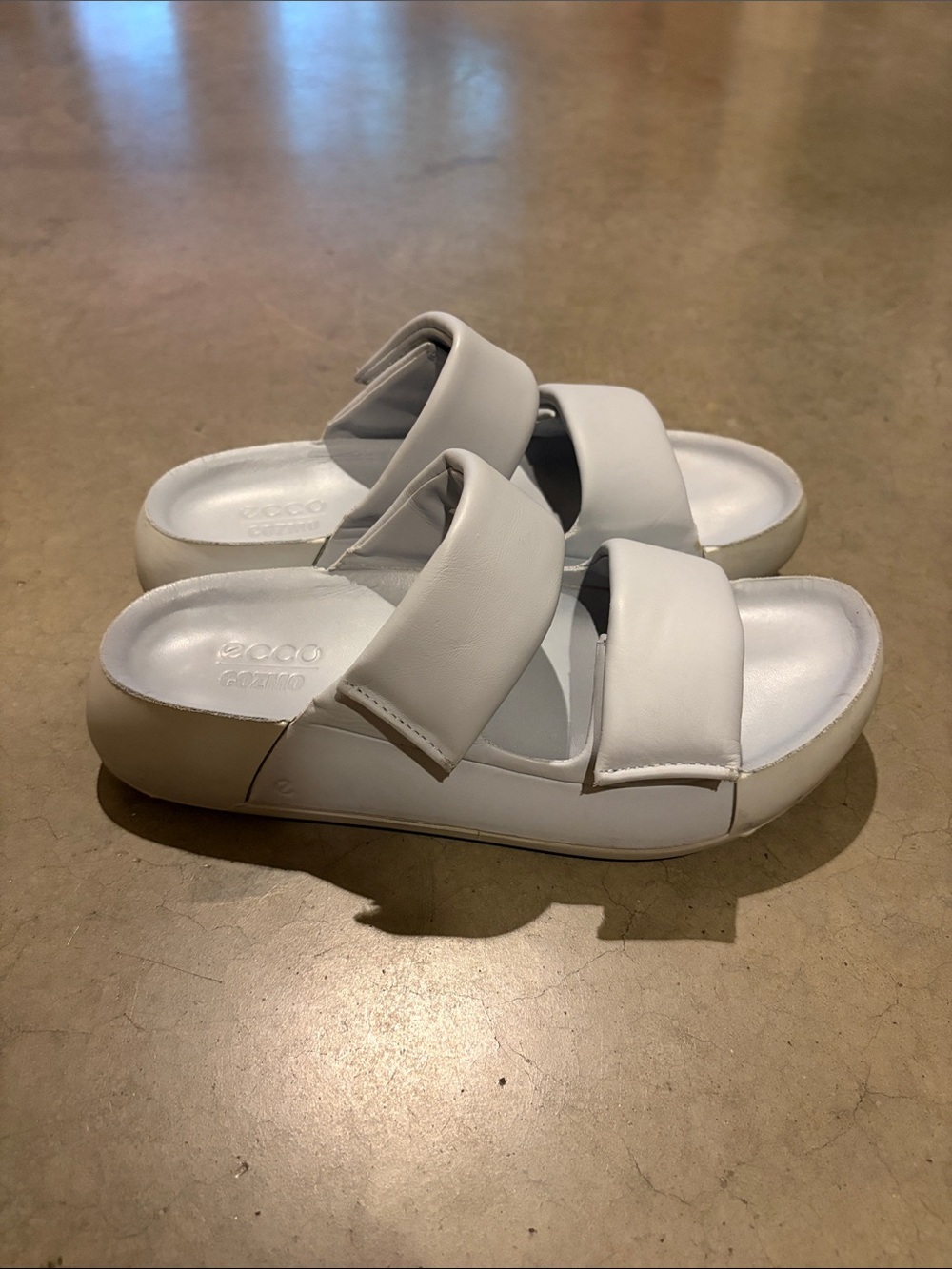 Ecco White Leather Adjustable Double-Strap Slide Sandals